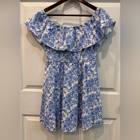Altar’d State Slash Neck Floral Blue White Mini Dress Women Size Medium - Picture 1 of 10